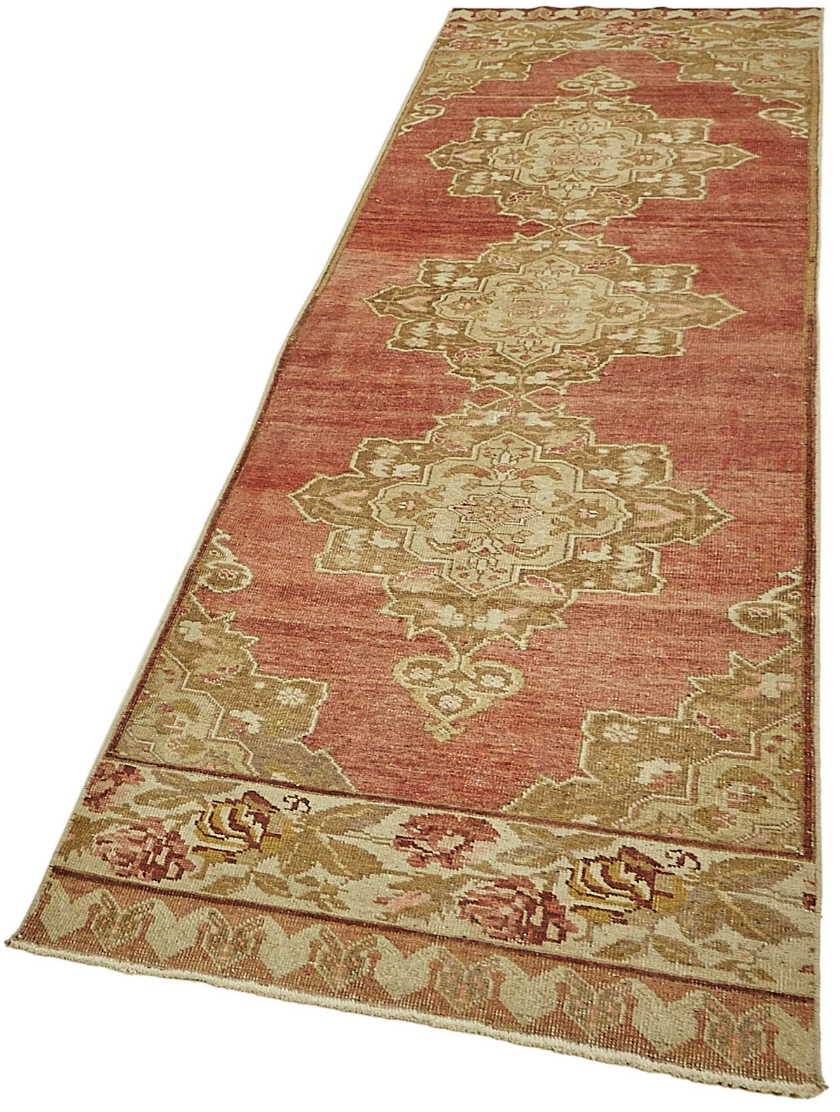 Kovena Kırmızı Bej Madalyon Göbekli El Dokuma Yolluk 81x308 cm – doku yakın çekim