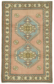 Gekro Pembe ve Mavi Geometrik Desenli Yün El Dokuma Halı 121x191 cm