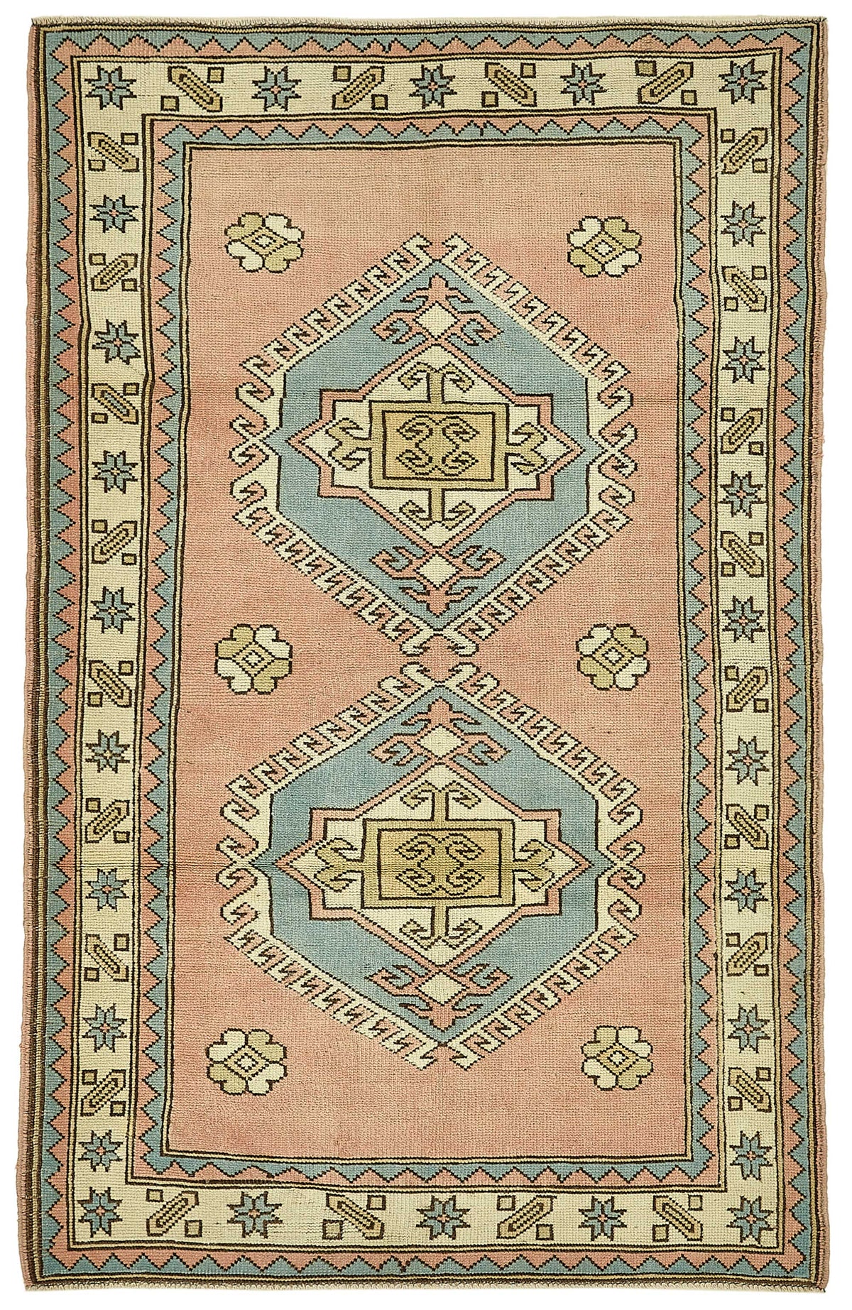 Gekro Pembe ve Mavi Geometrik Desenli Yün El Dokuma Halı 121x191 cm