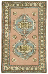 Gekro Pembe ve Mavi Geometrik Desenli Yün El Dokuma Halı 121x191 cm
