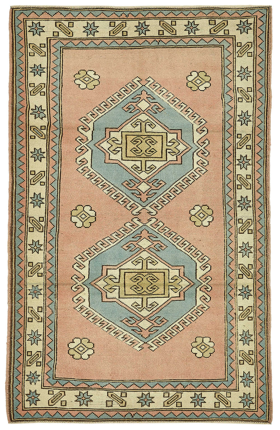 Gekro Pembe ve Mavi Geometrik Desenli Yün El Dokuma Halı 121x191 cm