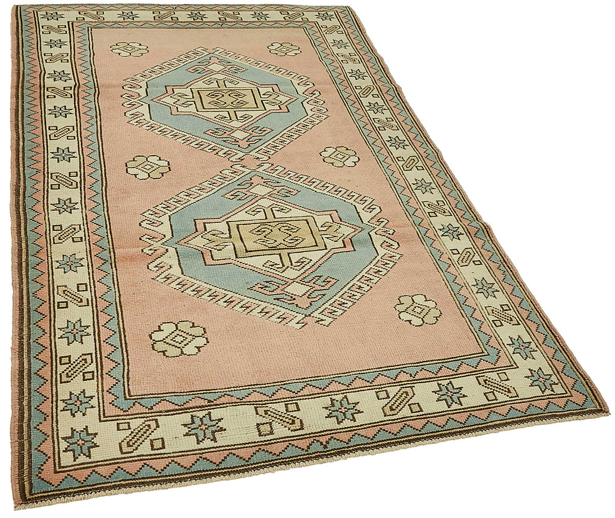 Gekro Pembe ve Mavi Geometrik Desenli Yün El Dokuma Halı 121x191 cm – genel görünüm