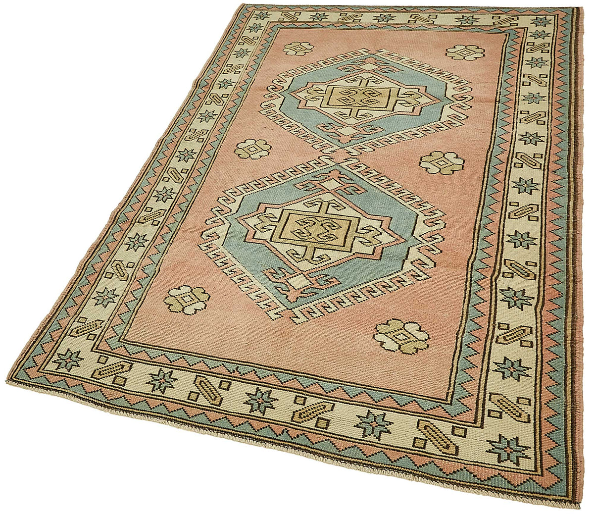 Gekro Pembe ve Mavi Geometrik Desenli Yün El Dokuma Halı 121x191 cm – doku yakın çekim