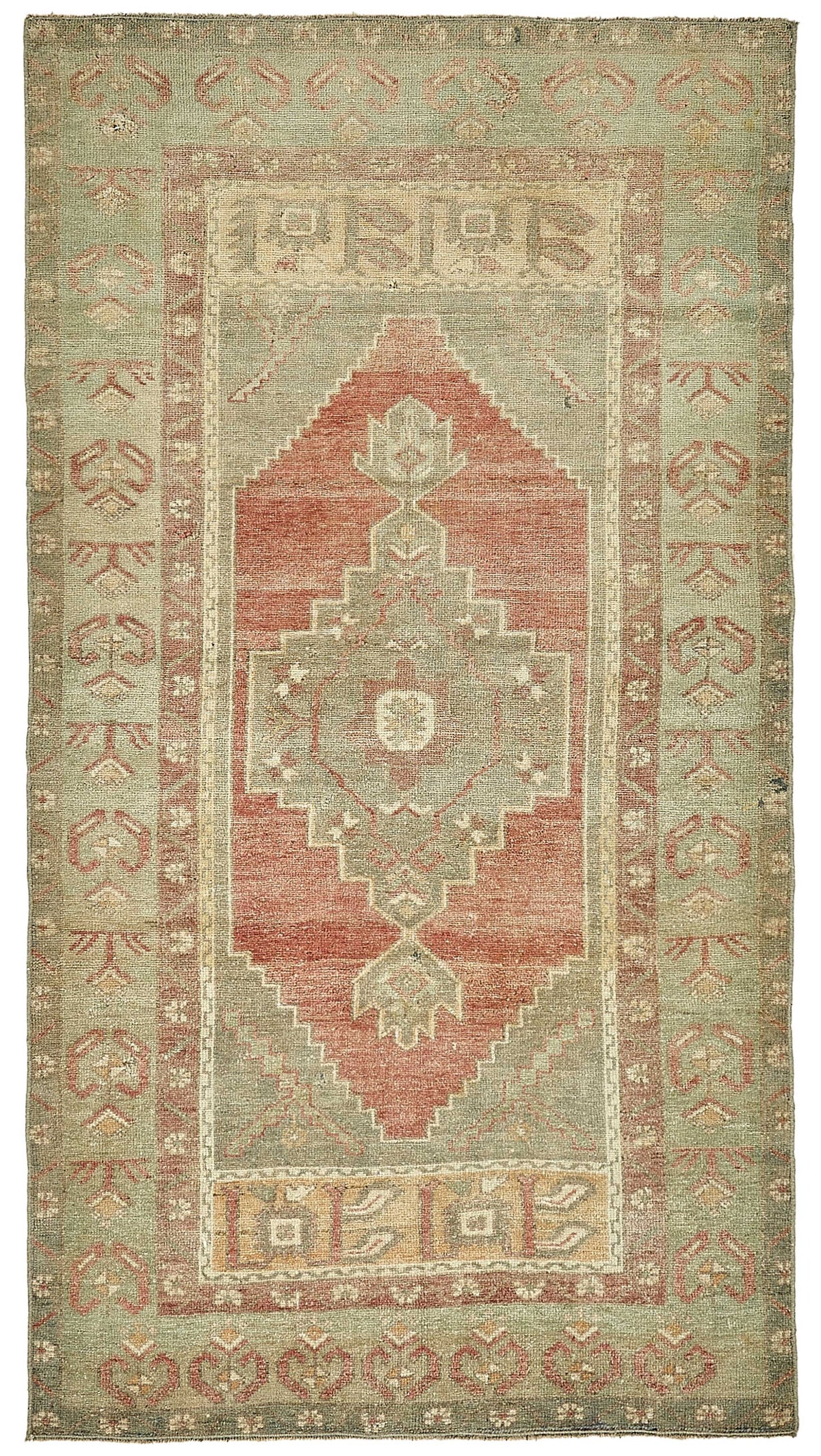 Gekro Yeşil ve Kırmızı Geometrik Desenli Yün Etnik Halı 106x193 cm