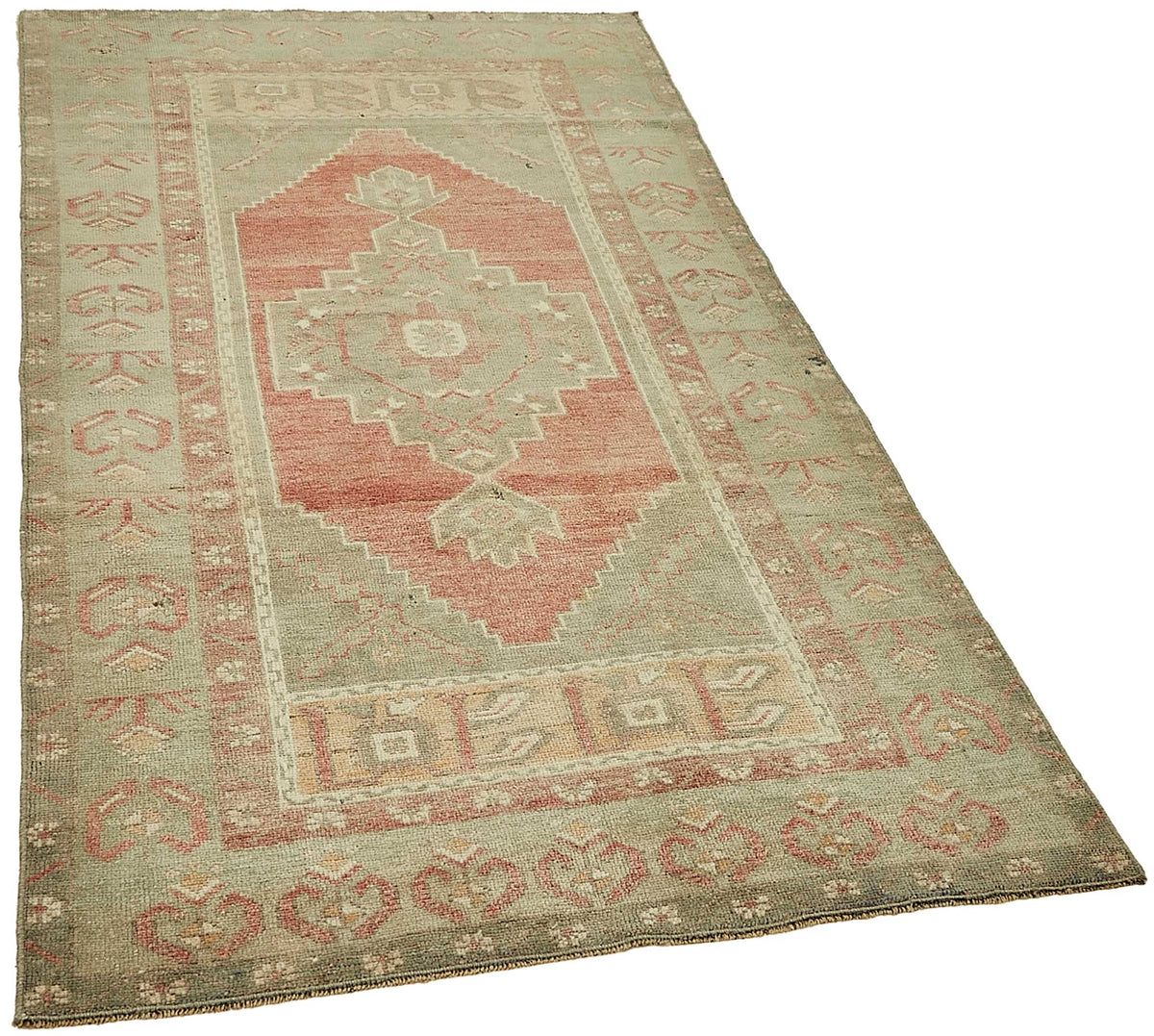 Gekro Yeşil ve Kırmızı Geometrik Desenli Yün Etnik Halı 106x193 cm – genel görünüm