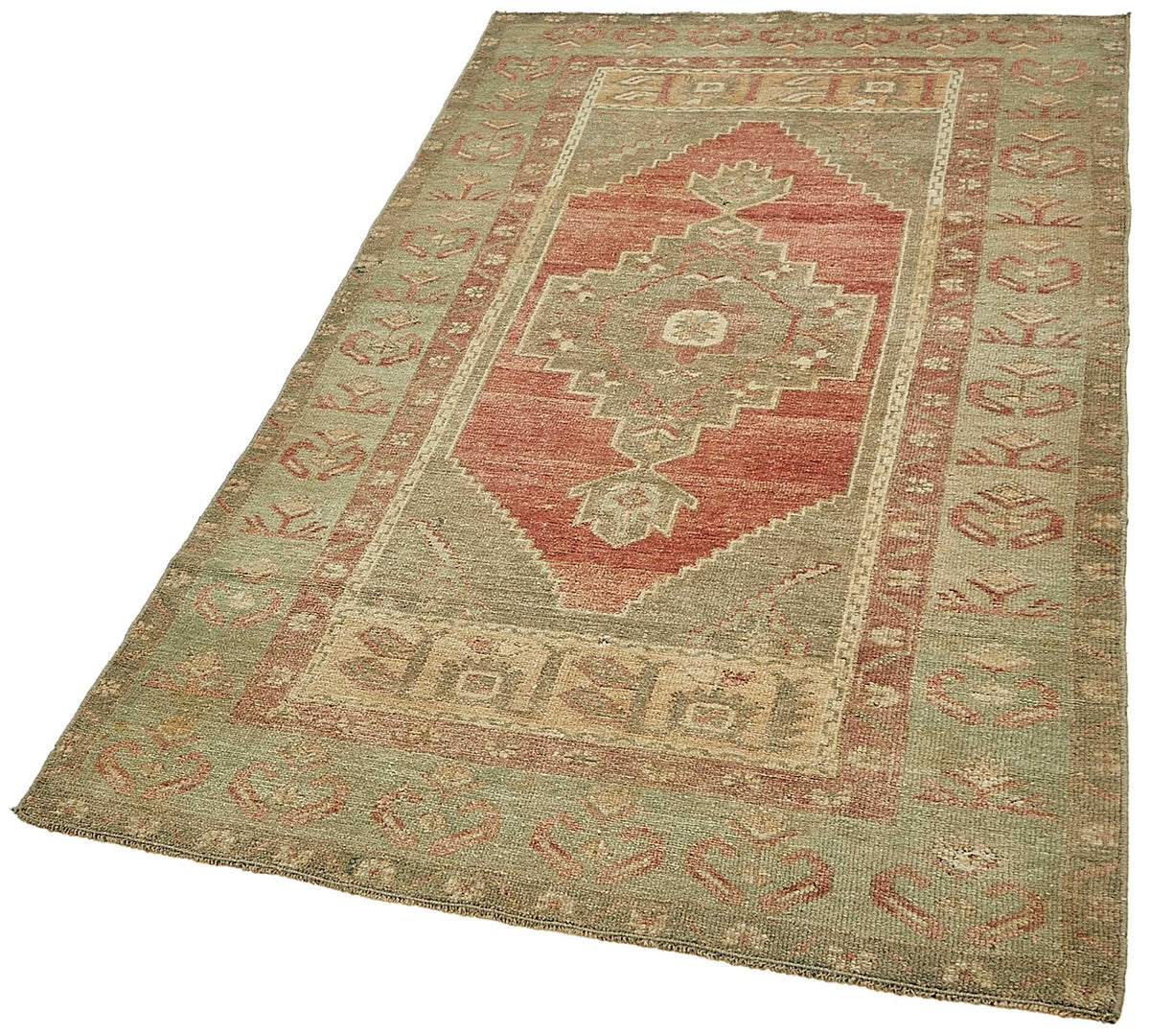 Gekro Yeşil ve Kırmızı Geometrik Desenli Yün Etnik Halı 106x193 cm – doku yakın çekim