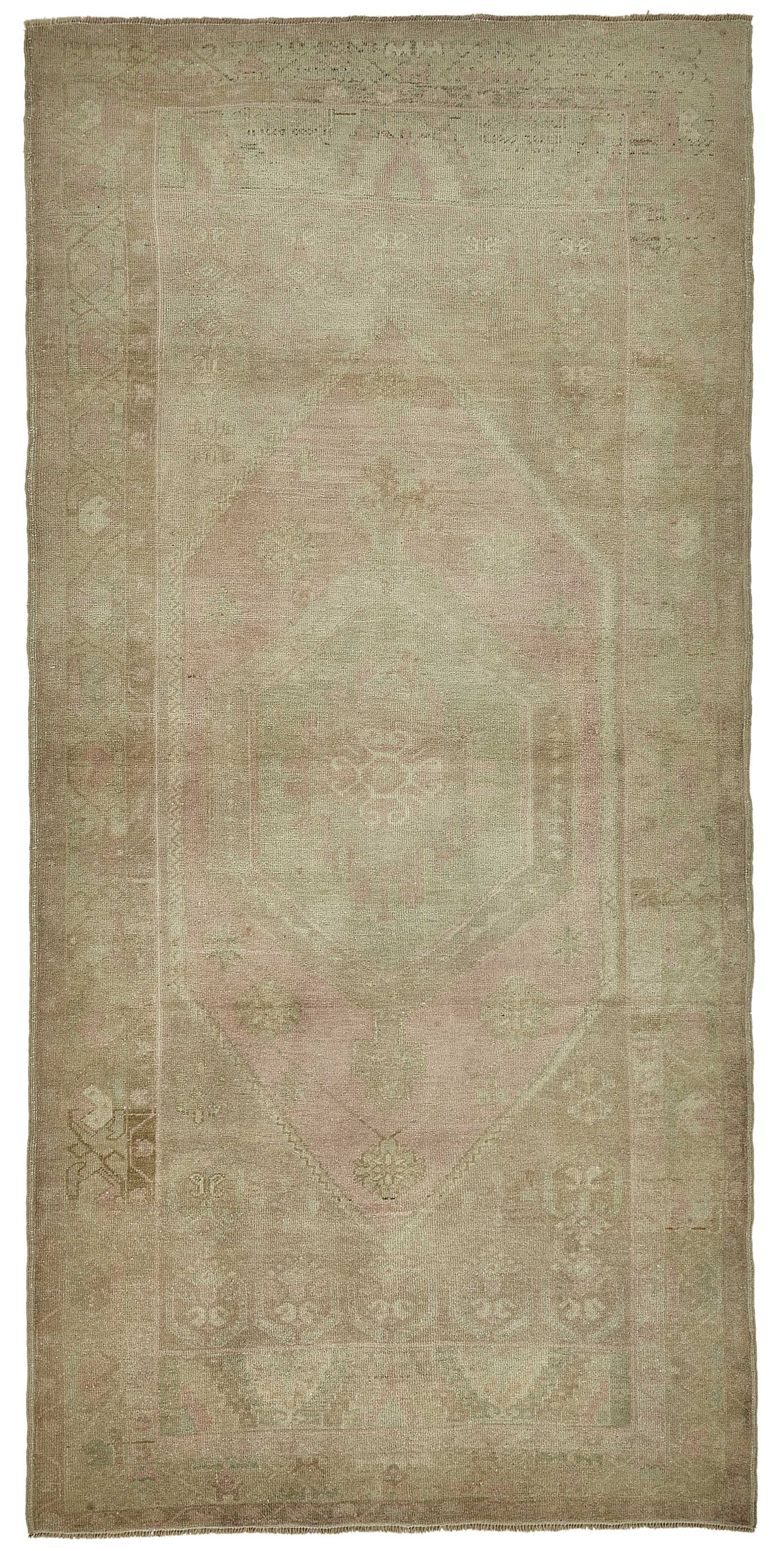 Kavale Bej Pembe Madalyon Desenli Yün ve Pamuk Halı, 126x260 cm