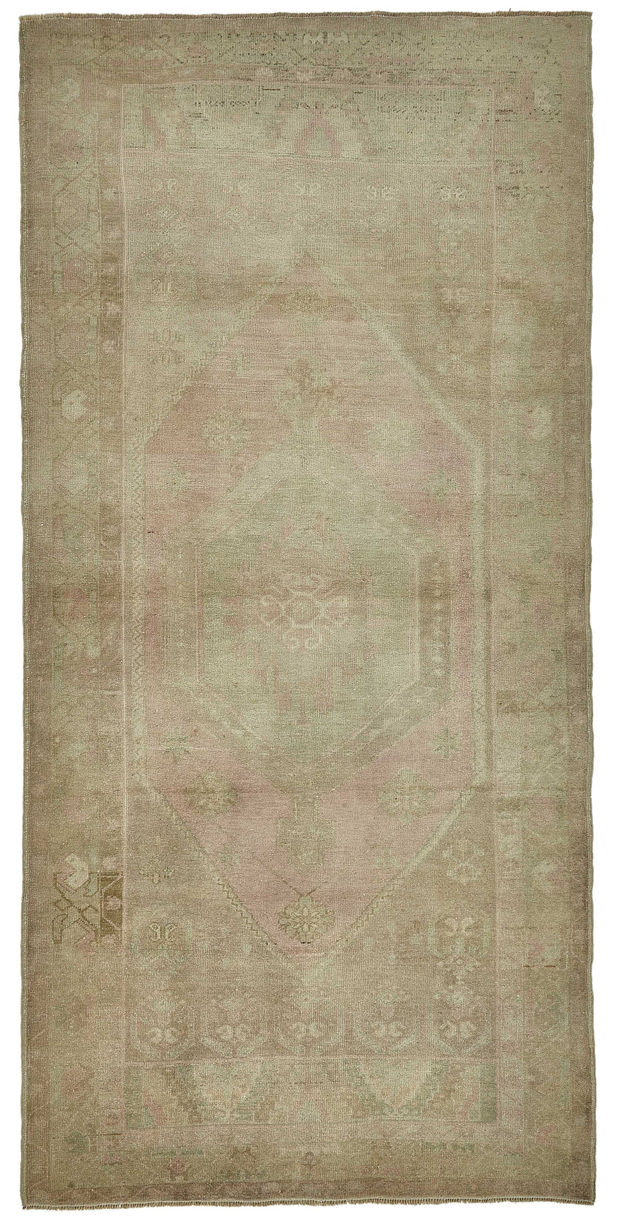 Kavale Bej Pembe Madalyon Desenli Yün ve Pamuk Halı, 126x260 cm