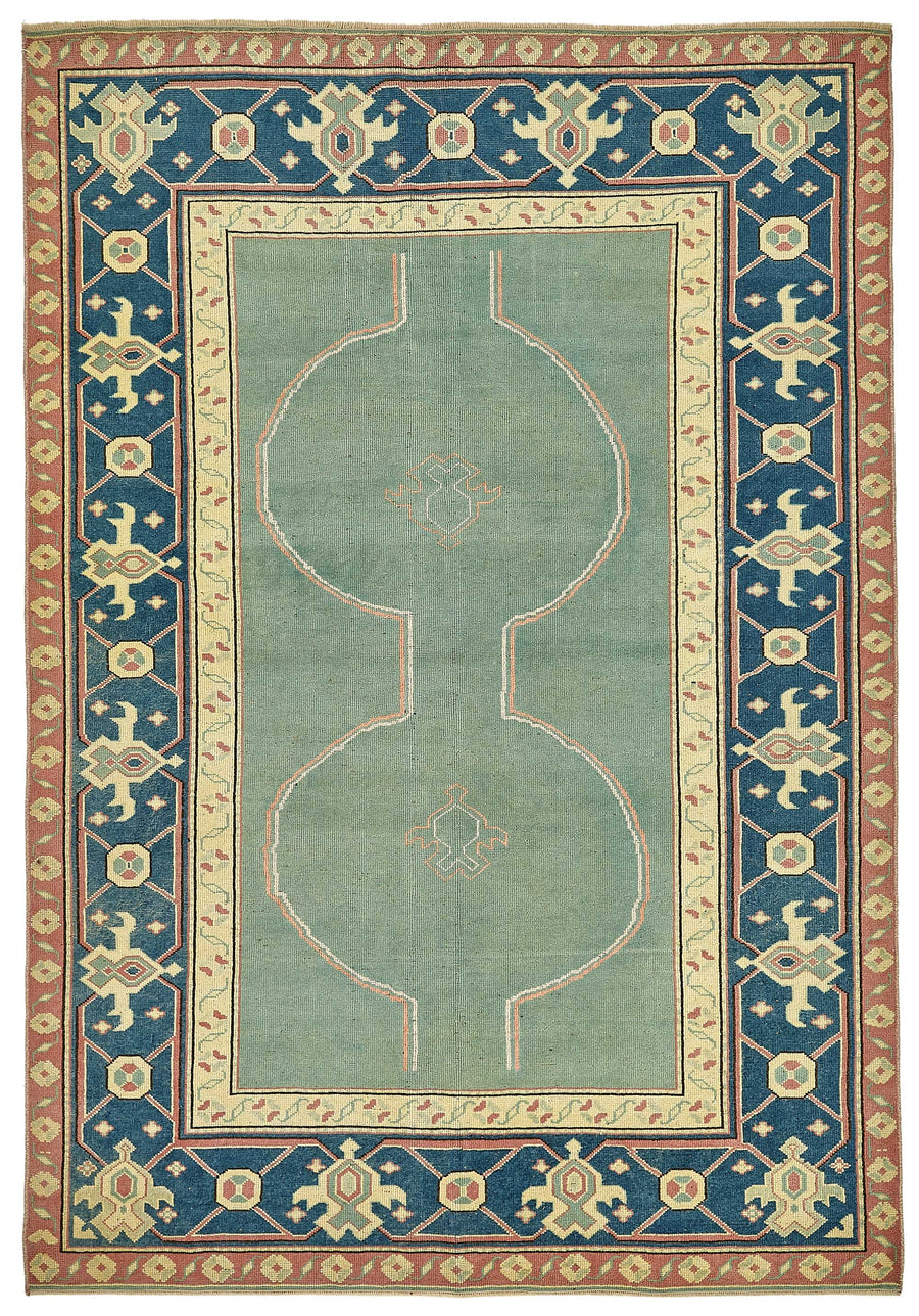 Kavale Madalyon Desenli Turkuaz ve Lacivert El Dokuma Halı 151x242 cm