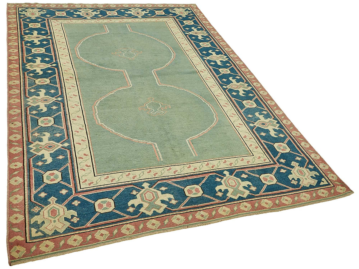 Kavale Madalyon Desenli Turkuaz ve Lacivert El Dokuma Halı 151x242 cm – genel görünüm