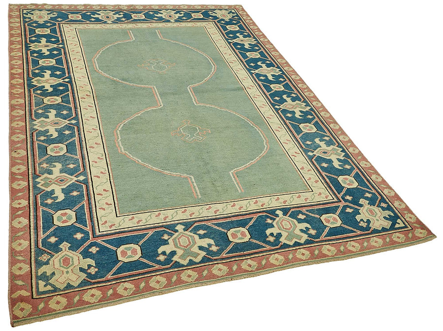 Kavale Madalyon Desenli Turkuaz ve Lacivert El Dokuma Halı 151x242 cm – genel görünüm