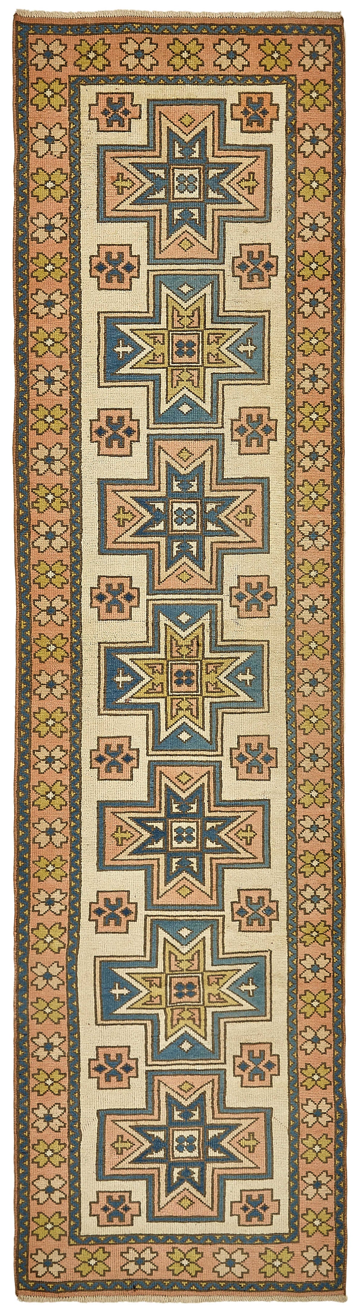 Kovena Madalyon Desenli Lacivert Bej Dokuma Yolluk 88x334 cm