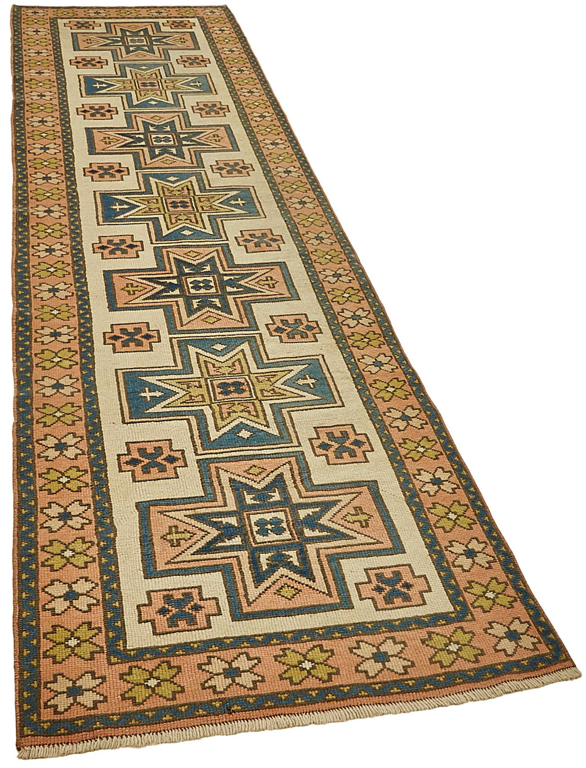 Kovena Madalyon Desenli Lacivert Bej Dokuma Yolluk 88x334 cm – genel görünüm
