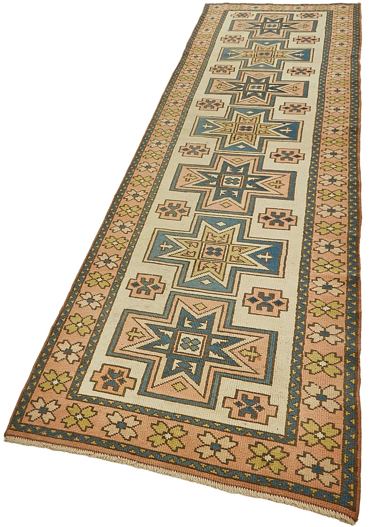 Kovena Madalyon Desenli Lacivert Bej Dokuma Yolluk 88x334 cm – doku yakın çekim