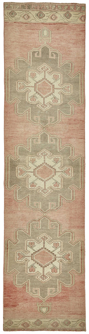 Kovena Pembe Gri Geometrik Madalyonlu Yün El Dokuma Yolluk 90x364 cm