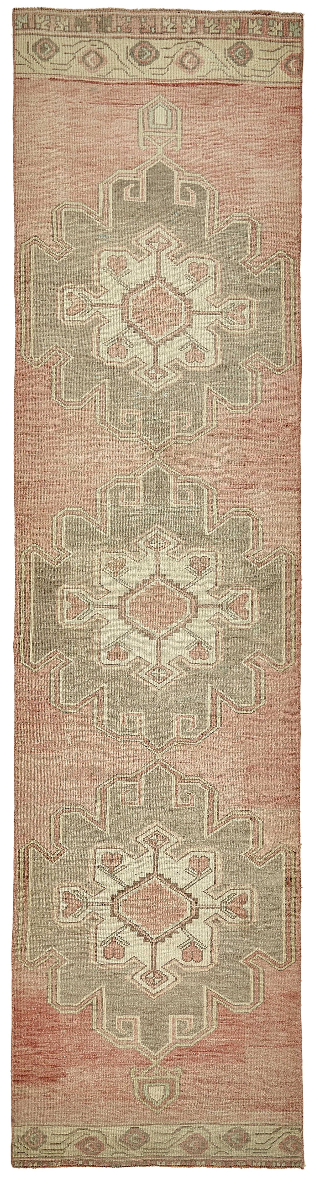 Kovena Pembe Gri Geometrik Madalyonlu Yün El Dokuma Yolluk 90x364 cm