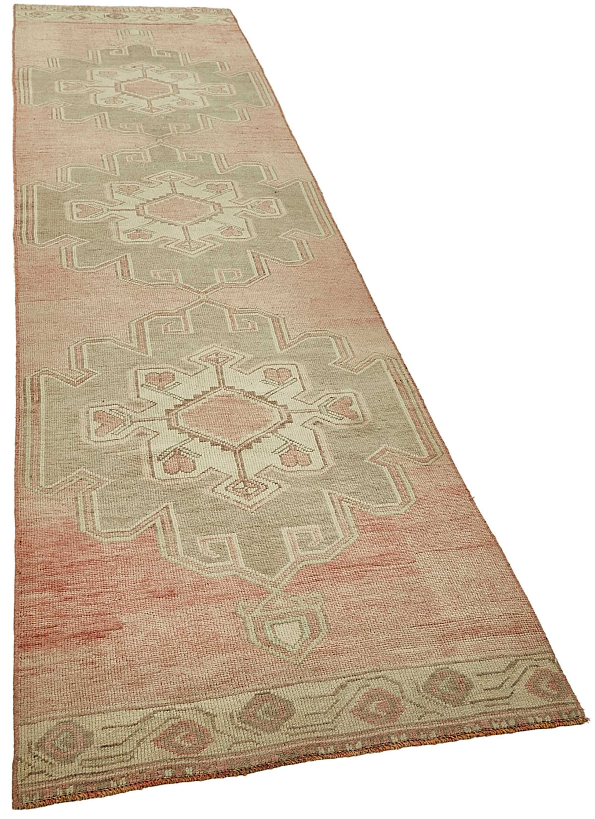 Kovena Pembe Gri Geometrik Madalyonlu Yün El Dokuma Yolluk 90x364 cm – genel görünüm