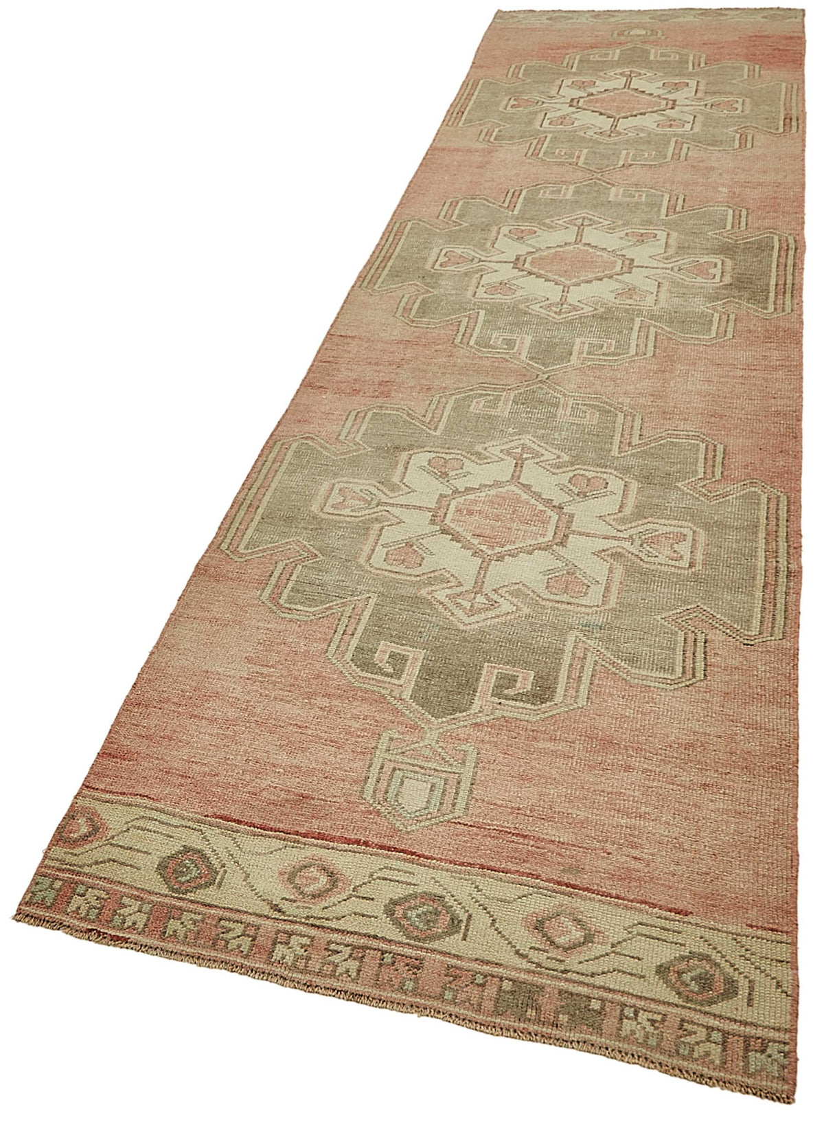 Kovena Pembe Gri Geometrik Madalyonlu Yün El Dokuma Yolluk 90x364 cm – doku yakın çekim