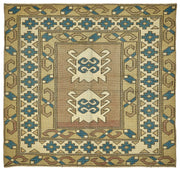 Gekro Bej Mavi Bordürlü Geometrik El Dokuma Halı 105x110 cm
