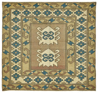Gekro Bej Mavi Bordürlü Geometrik El Dokuma Halı 105x110 cm