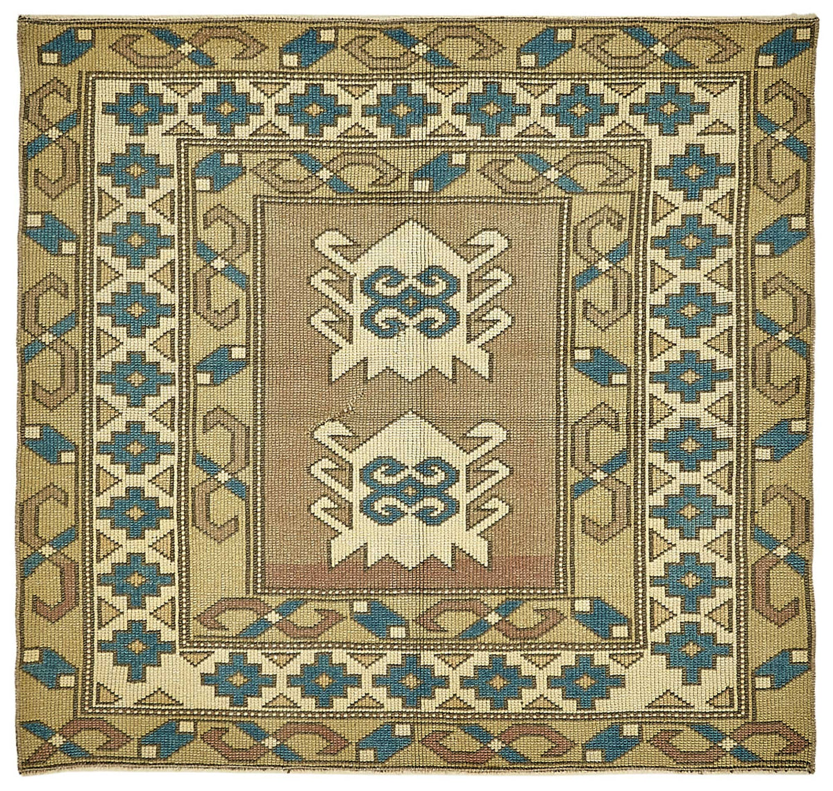 Gekro Bej Mavi Bordürlü Geometrik El Dokuma Halı 105x110 cm