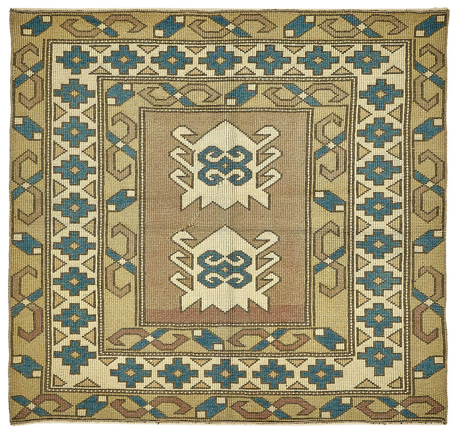 Gekro Bej Mavi Bordürlü Geometrik El Dokuma Halı 105x110 cm