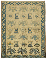 Gekro Geometrik Desenli Bej ve Mavi El Dokuma Halı 91x115 cm