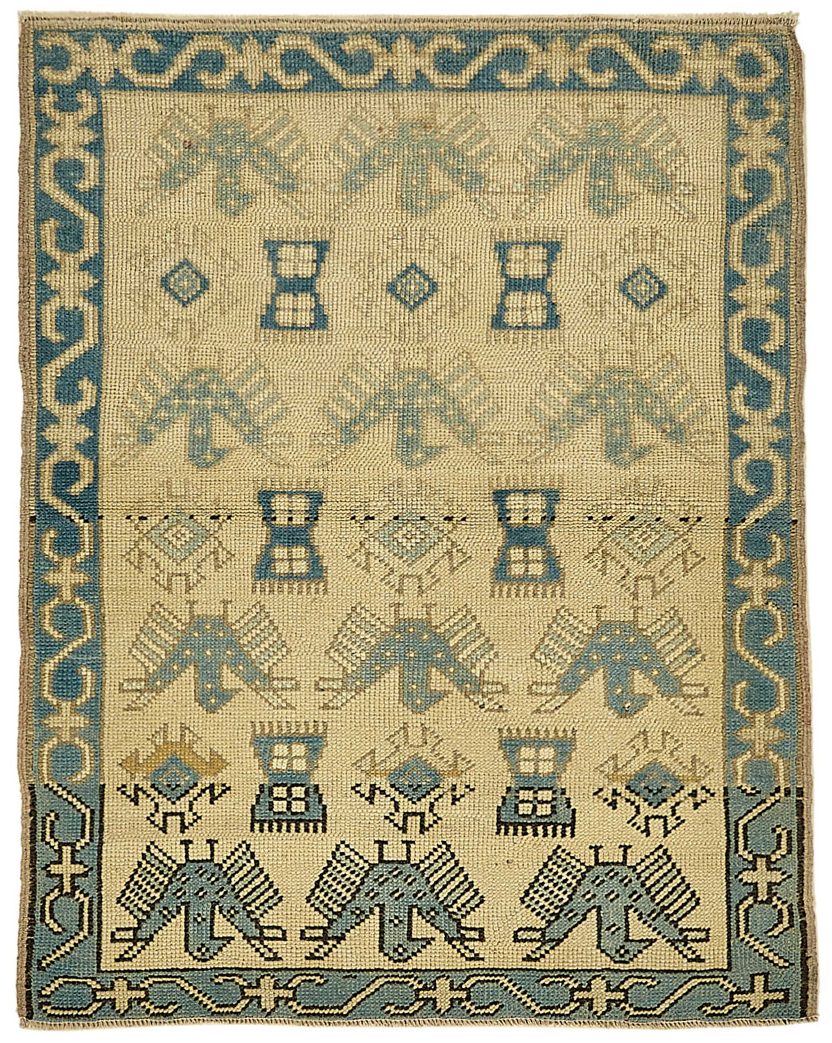 Gekro Geometrik Desenli Bej ve Mavi El Dokuma Halı 91x115 cm