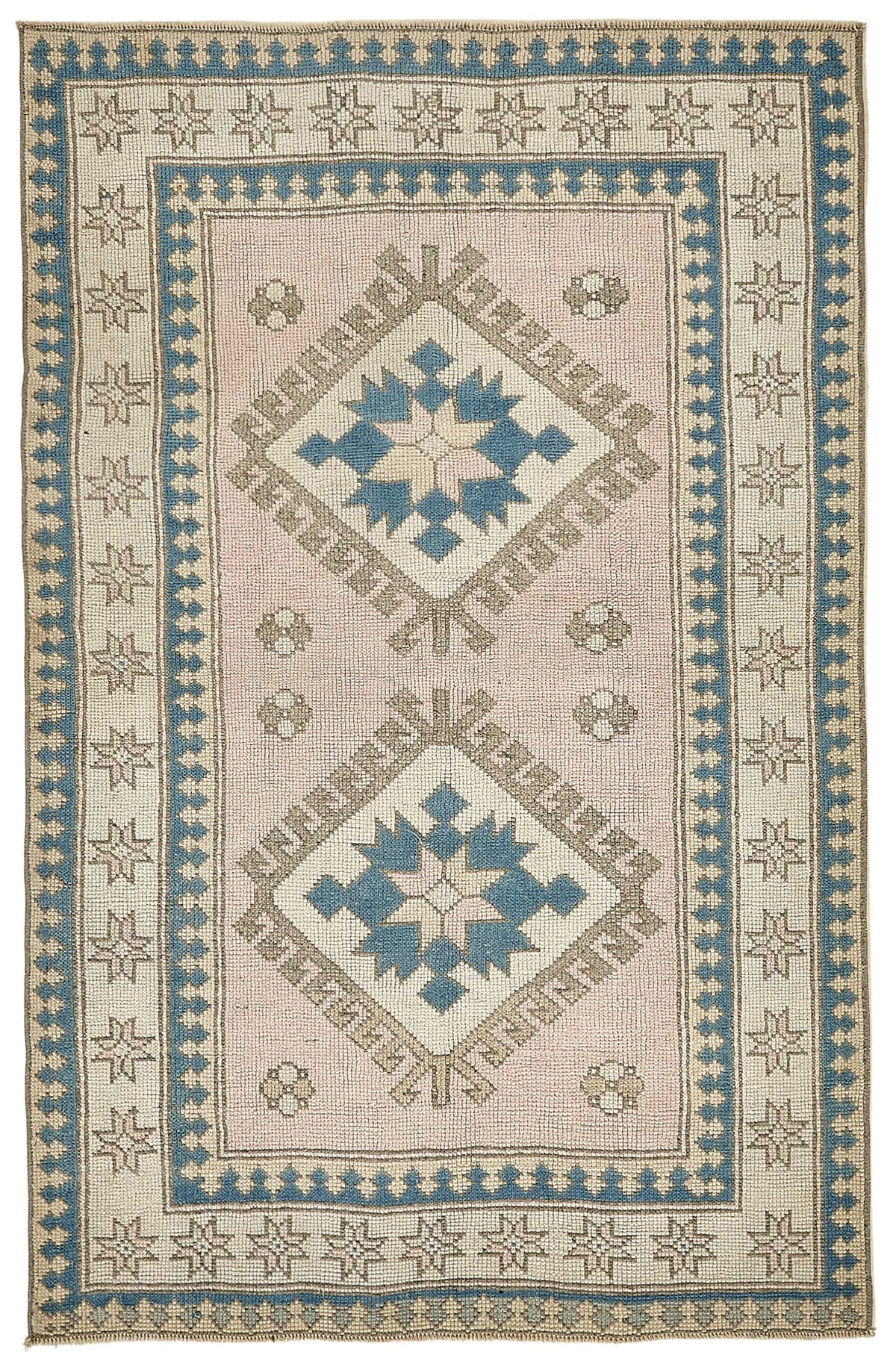 Gekro Toz Pembe Geometrik Desenli Yün ve Pamuk Halı 105x164 cm