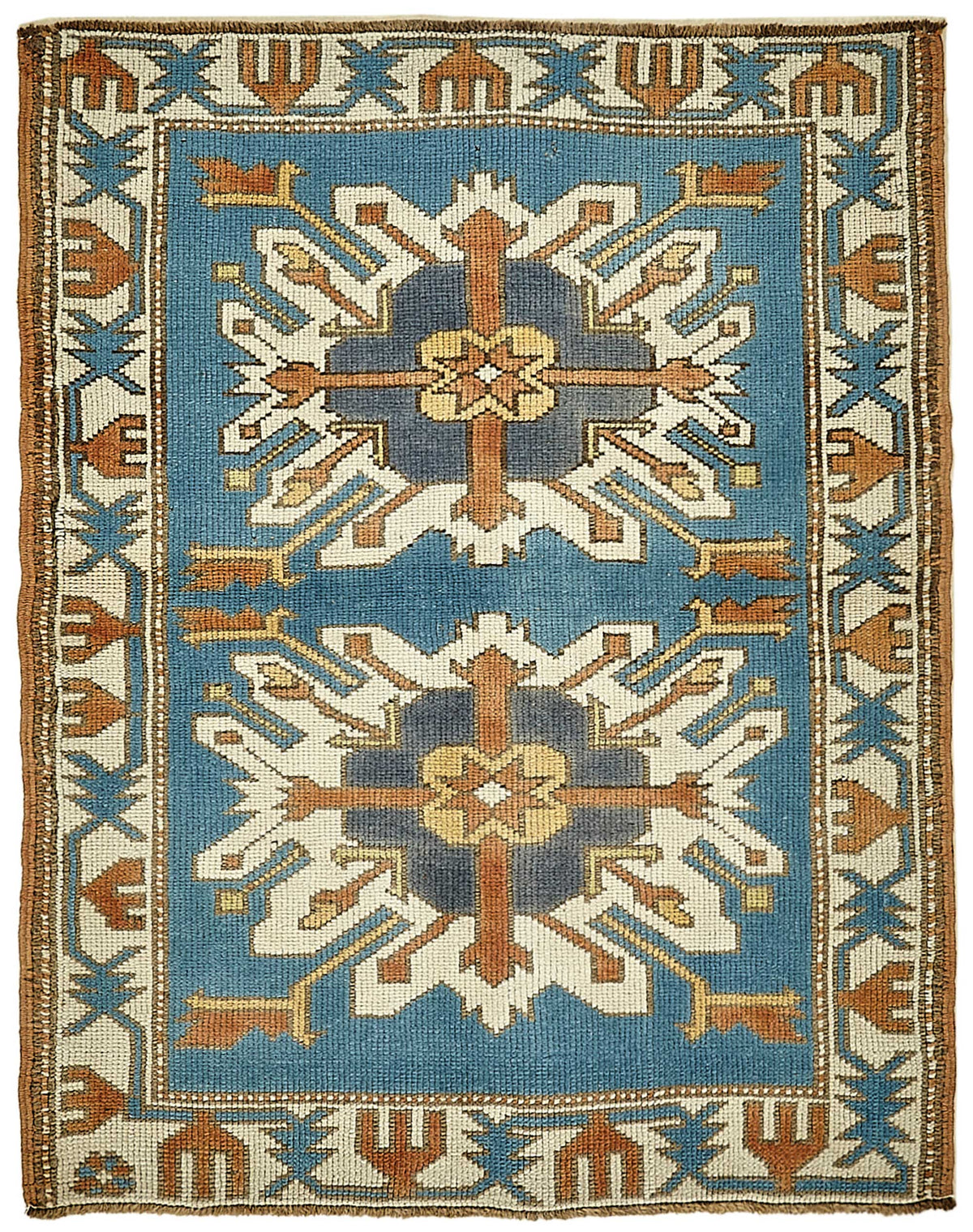 Gekro Mavi Beyaz Geometrik Desenli Etnik Pamuk Yün El Dokuma Halı 90x110 cm