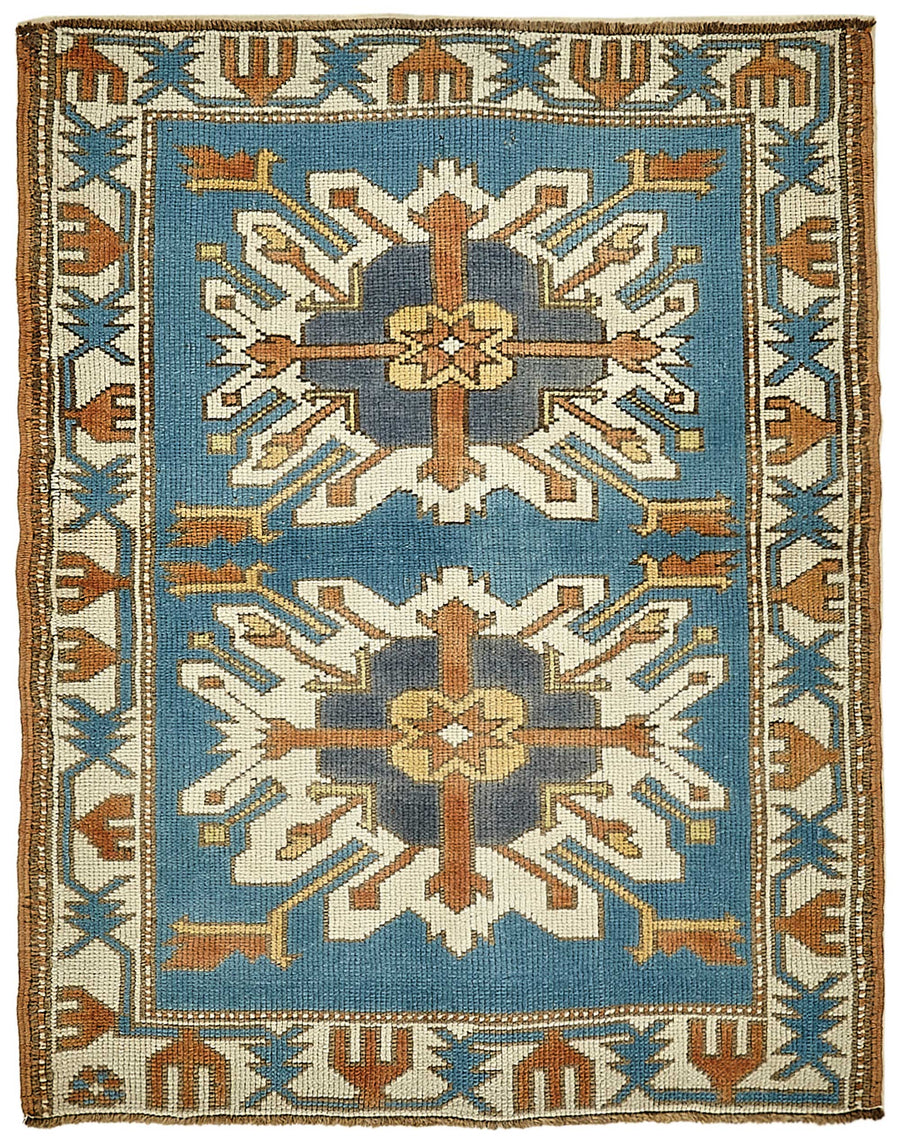 Gekro Mavi Beyaz Geometrik Desenli Etnik Pamuk Yün El Dokuma Halı 90x110 cm