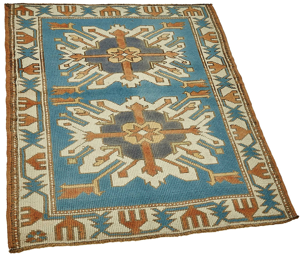 Gekro Mavi Beyaz Geometrik Desenli Etnik Pamuk Yün El Dokuma Halı 90x110 cm – genel görünüm