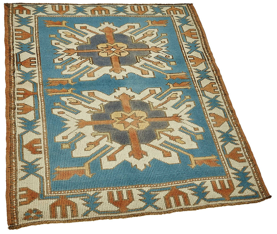 Gekro Mavi Beyaz Geometrik Desenli Etnik Pamuk Yün El Dokuma Halı 90x110 cm – genel görünüm