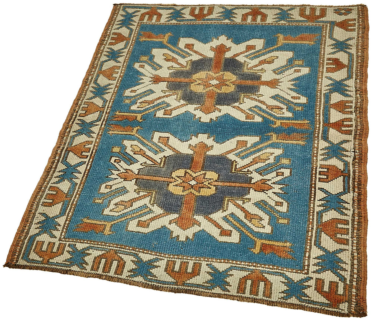 Gekro Mavi Beyaz Geometrik Desenli Etnik Pamuk Yün El Dokuma Halı 90x110 cm – doku yakın çekim