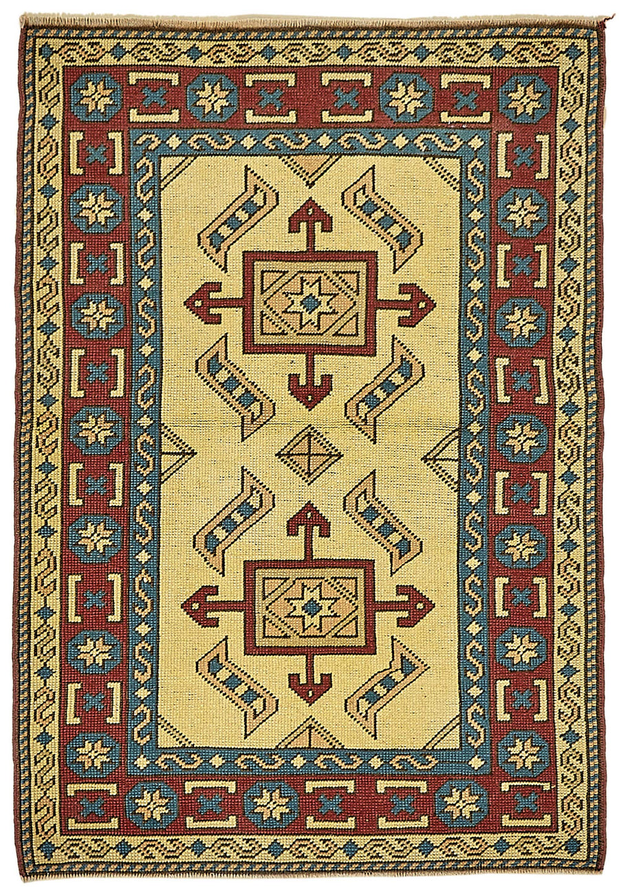 Gekro Sarı Bordo Madalyon Desenli El Dokuma Halı 84x105 cm