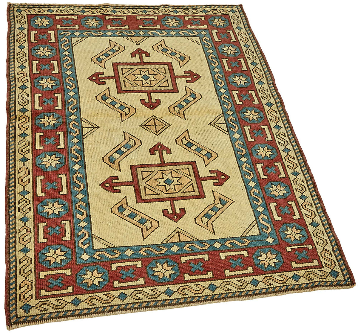 Gekro Sarı Bordo Madalyon Desenli El Dokuma Halı 84x105 cm – genel görünüm