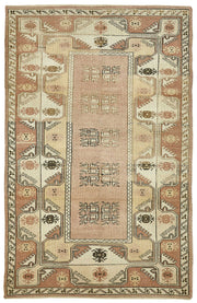 Gekro Bej Zeminli Kırmızı Geometrik Desenli Yün Halı 126x194 cm