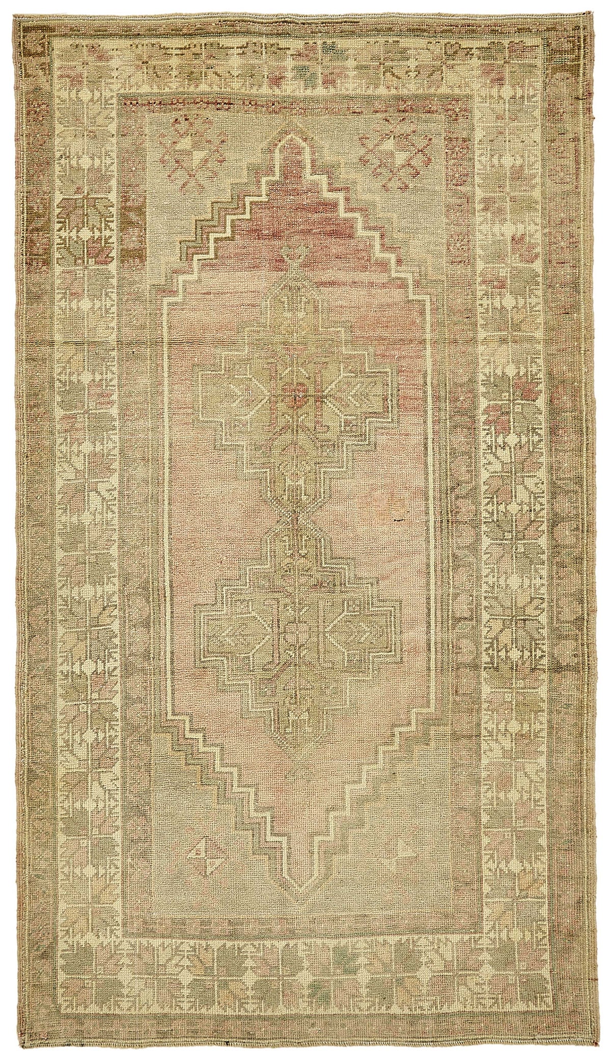 Gekro Bej Pembe Geometrik Etnik Pamuk Yün El Dokuma Halı 115x202 cm