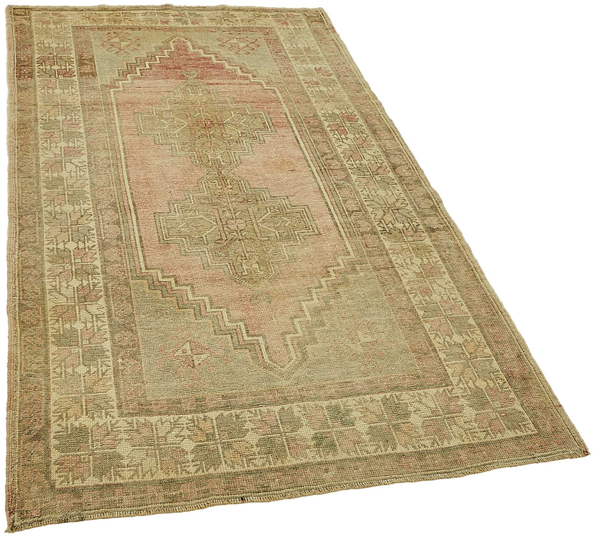 Gekro Bej Pembe Geometrik Etnik Pamuk Yün El Dokuma Halı 115x202 cm – genel görünüm