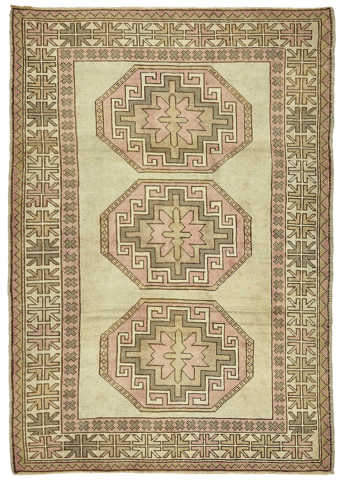 Gekro Vintage Bej Madalyon Desenli Yün Halı 150x215 cm