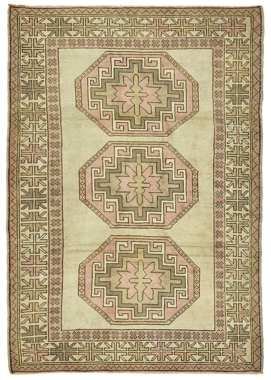Gekro Vintage Bej Madalyon Desenli Yün Halı 150x215 cm