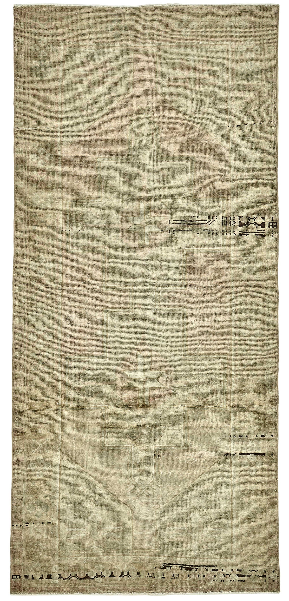 Gekro Bej ve Pembe Madalyon Desenli Anadolu El Dokuma Halı 106x240 cm