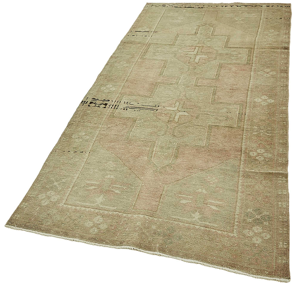 Gekro Bej ve Pembe Madalyon Desenli Anadolu El Dokuma Halı 106x240 cm – doku yakın çekim