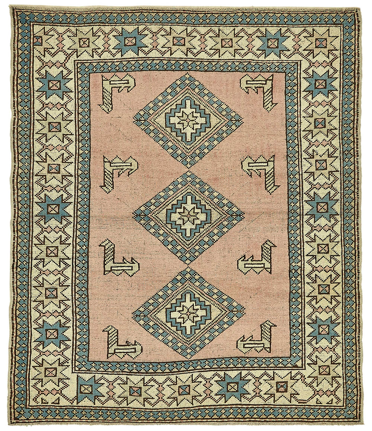Gekro Pembe Turkuaz Geometrik Etnik El Dokuma Halı 142x167 cm