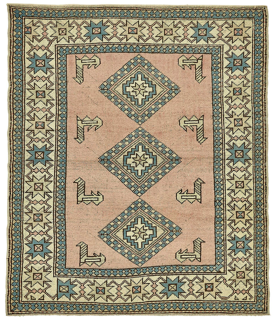 Gekro Pembe Turkuaz Geometrik Etnik El Dokuma Halı 142x167 cm