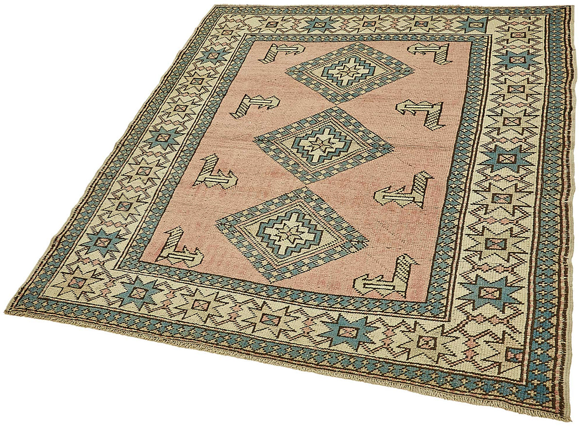 Gekro Pembe Turkuaz Geometrik Etnik El Dokuma Halı 142x167 cm – doku yakın çekim