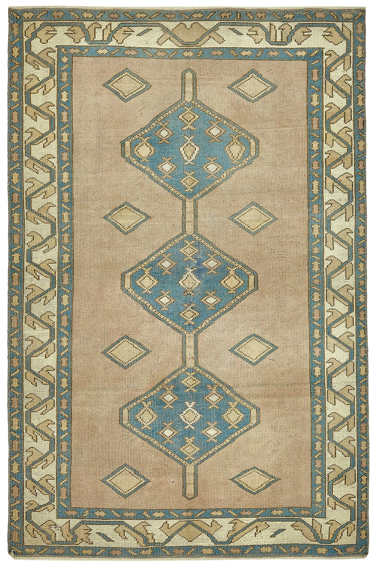 Gekro 30-50 Yıllık Bej Mavi Geometrik Desenli El Dokuma Halı 145x220 cm