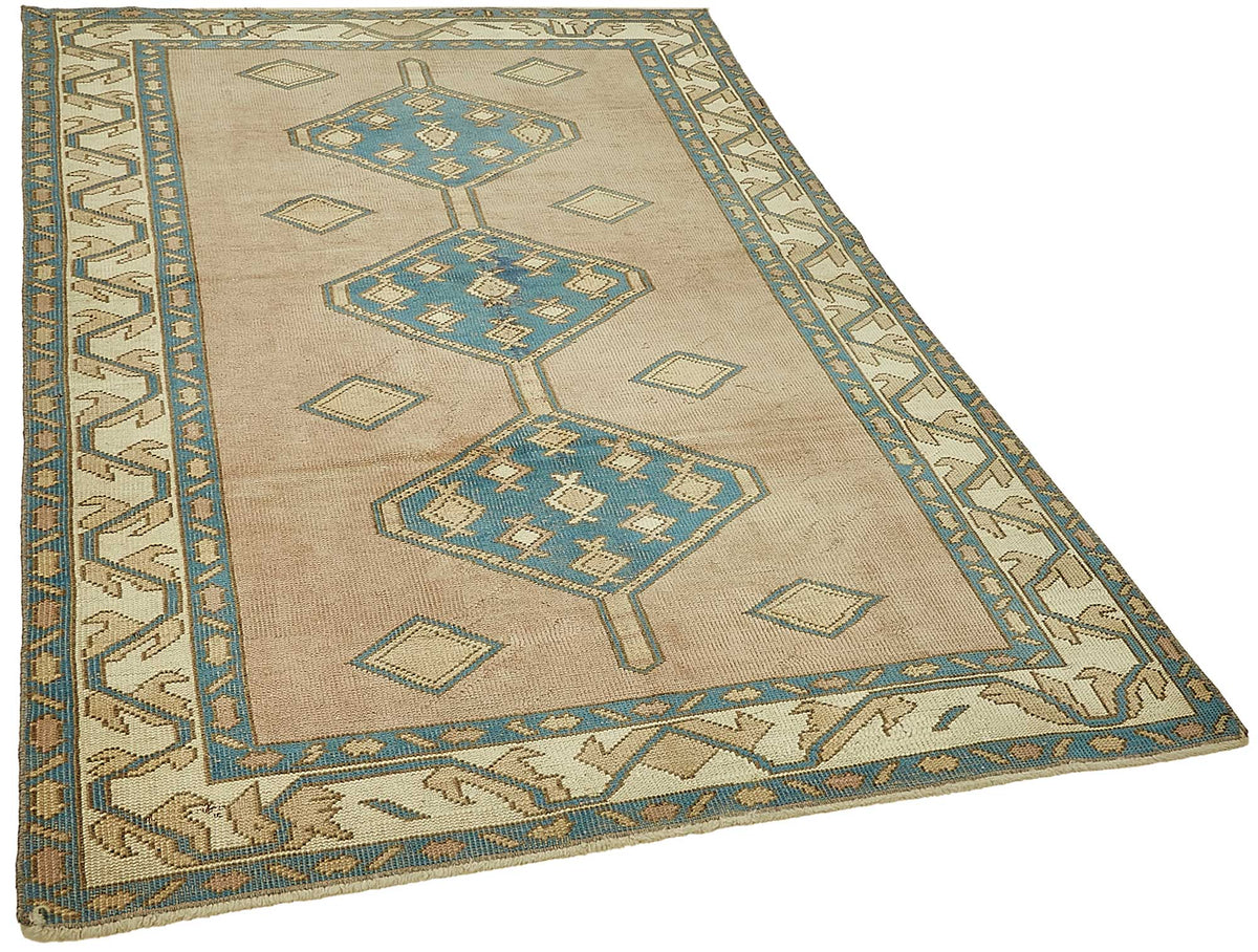 Gekro 30-50 Yıllık Bej Mavi Geometrik Desenli El Dokuma Halı 145x220 cm – genel görünüm