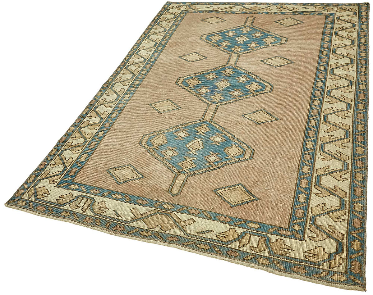 Gekro 30-50 Yıllık Bej Mavi Geometrik Desenli El Dokuma Halı 145x220 cm – doku yakın çekim