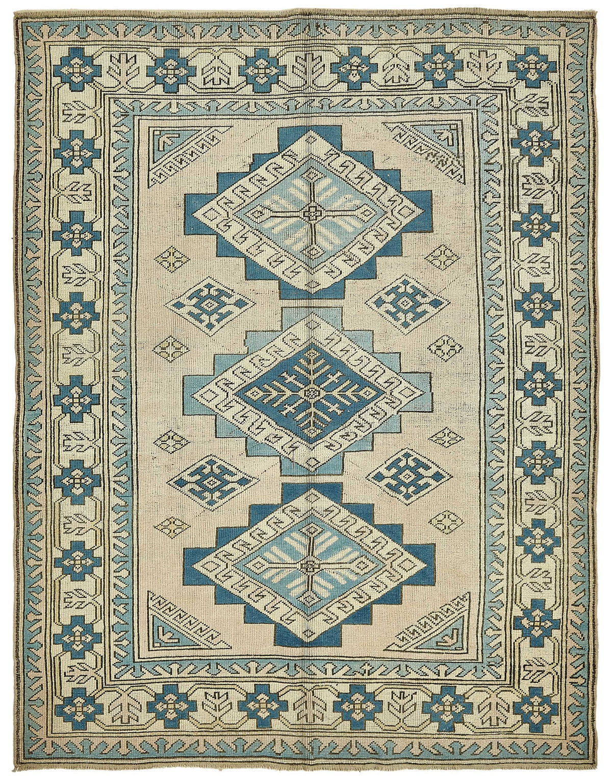 Kavale Madalyon Desenli Bej Mavi Vintage El Dokuma Halı 174x220 cm
